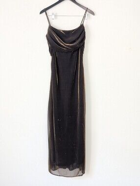 Vintage Y2K 90s Black Gold Metallic Shimmer Maxi Dress Cowl Neck Tie Back Size 9